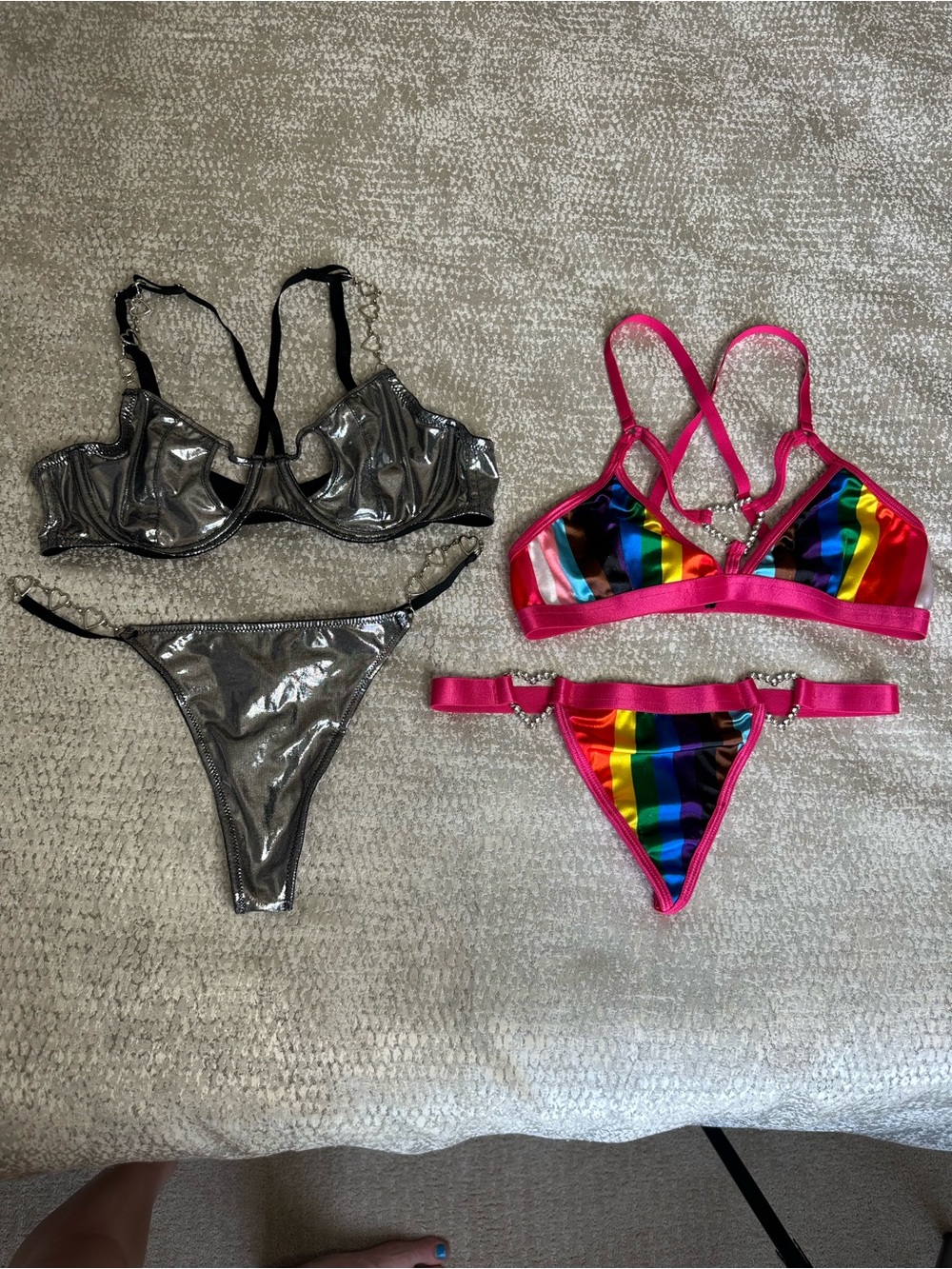 Rainbow Stripe & Metallic Silver Bikini Heart Embroidered - Two-Piece Lingerie